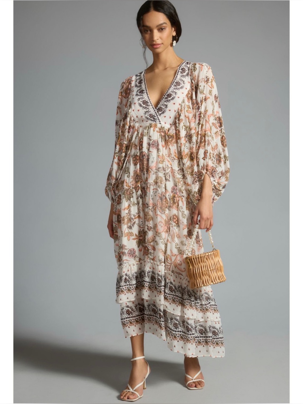 ANTHROPOLOGIE | V-Neck Long-Sleeve Boho Printed Tiered Maxi Dress, Size Small